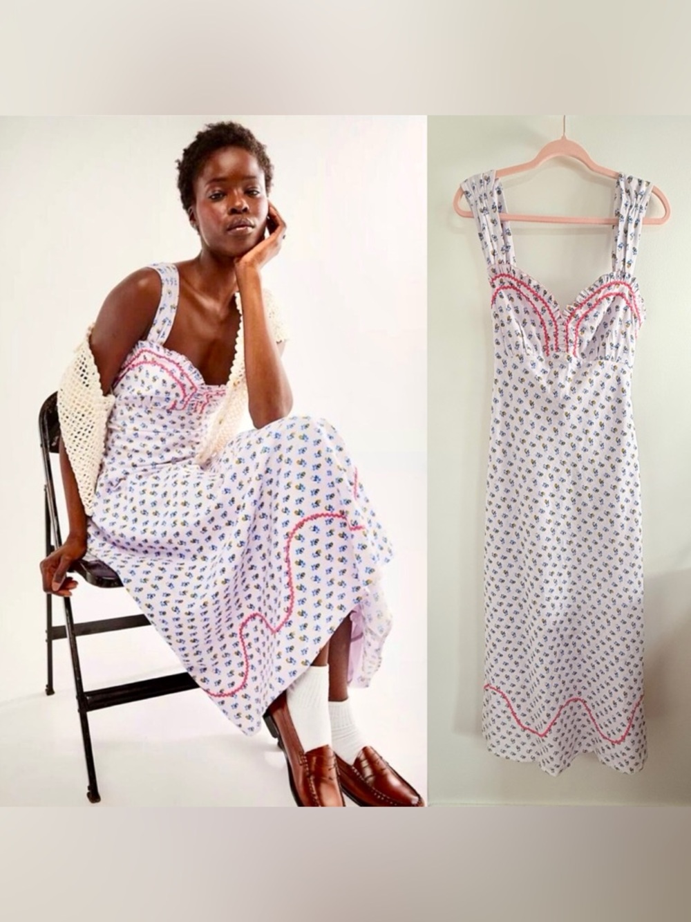 Free People White Midi Dress with Blue Floral Print and Pink Trim